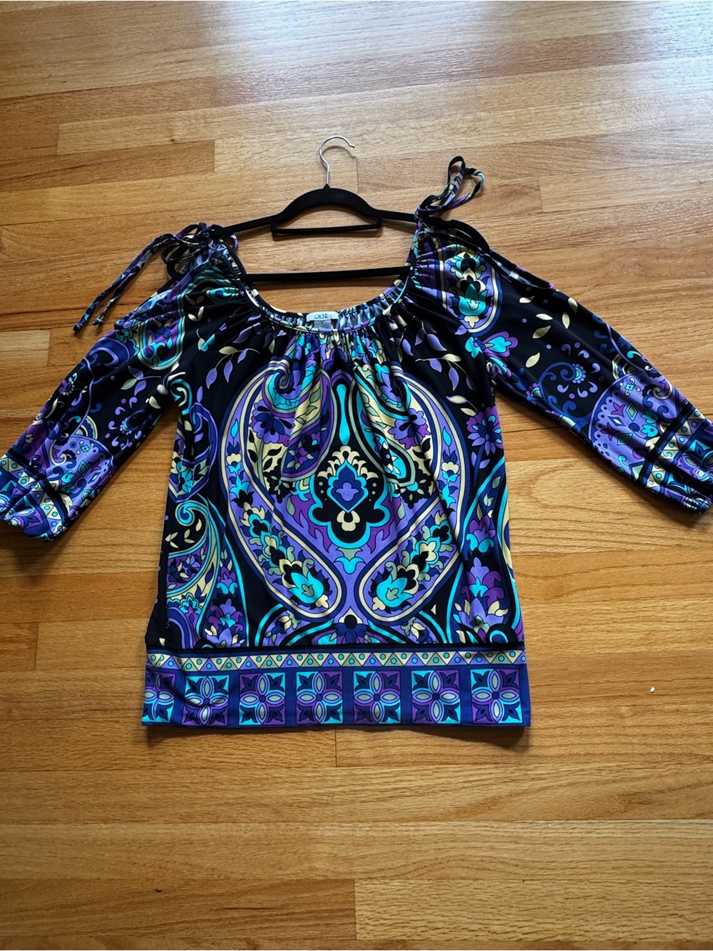 Cache Purple & Teal Paisley Off-Shoulder Blouse
